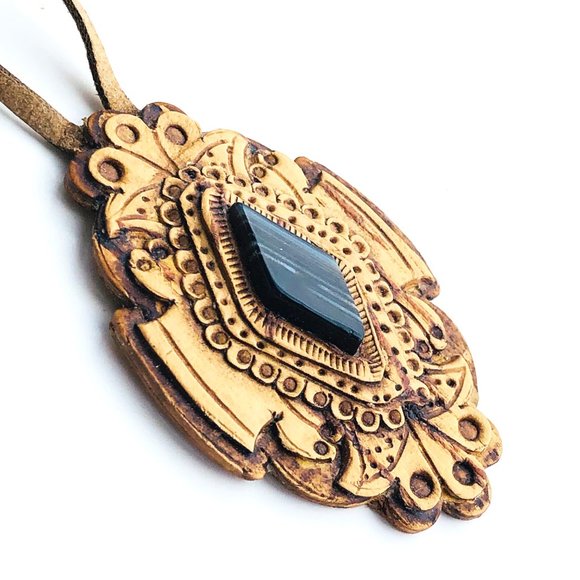 Birch Bark, Black Sardonyx, and Leather Necklace - Picture 2 of 9